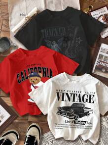 Attitoon 3pcs Casual Minimalist Bear, Vintage Car, Guitar Music Festival Graphic Round Neck Short Sleeve Cropped Fitted Women Tee - Multicolor - View 1