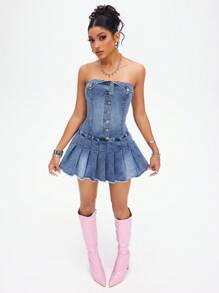 SHEIN ICON 女式时尚褶皱下摆前扣迷你直筒牛仔连衣裙，夏季 - 淺色水洗藍 - 查看 3