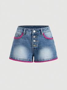 SHEIN MOD Shorts vaqueros de verano informales para mujer con recorte a color block - Azul - Ver 1