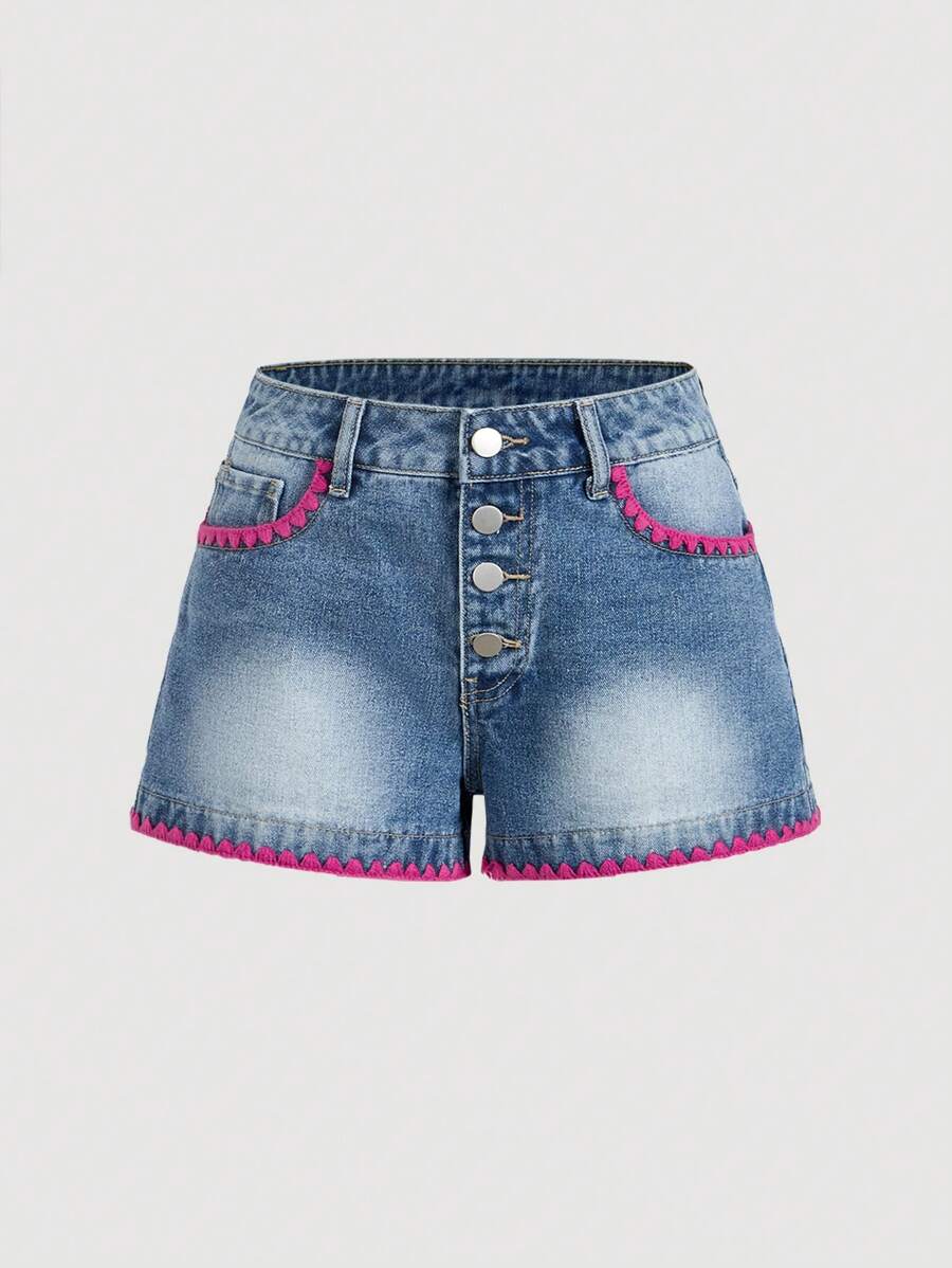 SHEIN MOD Shorts vaqueros de verano informales para mujer con recorte a color block - Azul - Ver 1