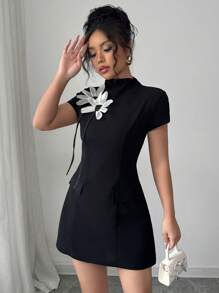 Elenzga A-Line Vintage Elegant Floral Decor Mini Dress, With Flattering Slim Fit - Black - View 5