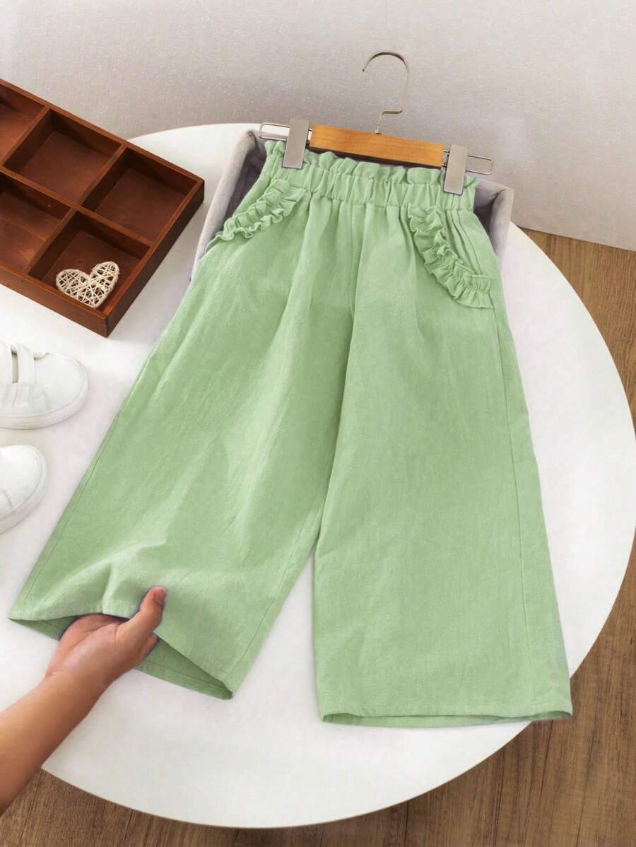 SHEIN 年轻女孩亚麻舒适蓝色荷叶边喇叭腿宽裤,适合夏季/秋季/冬季,休闲,户外,野餐,日常穿着年轻女孩阔腿裤,度假,夏季,旅行 - 綠色 - 查看 1