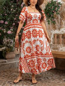 Breezaya Plus Size Floral Print Dress, Casual Vacation Style