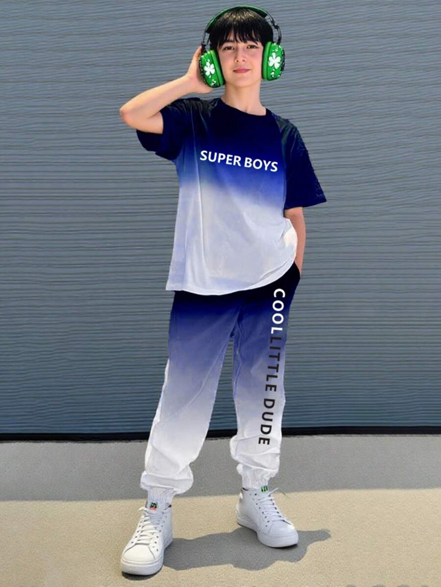 Tween Boy Letter Print Round Neck Short Sleeve T-Shirt And Long Pants Set, School, Campus, College Summer Holiday - Black - View 1