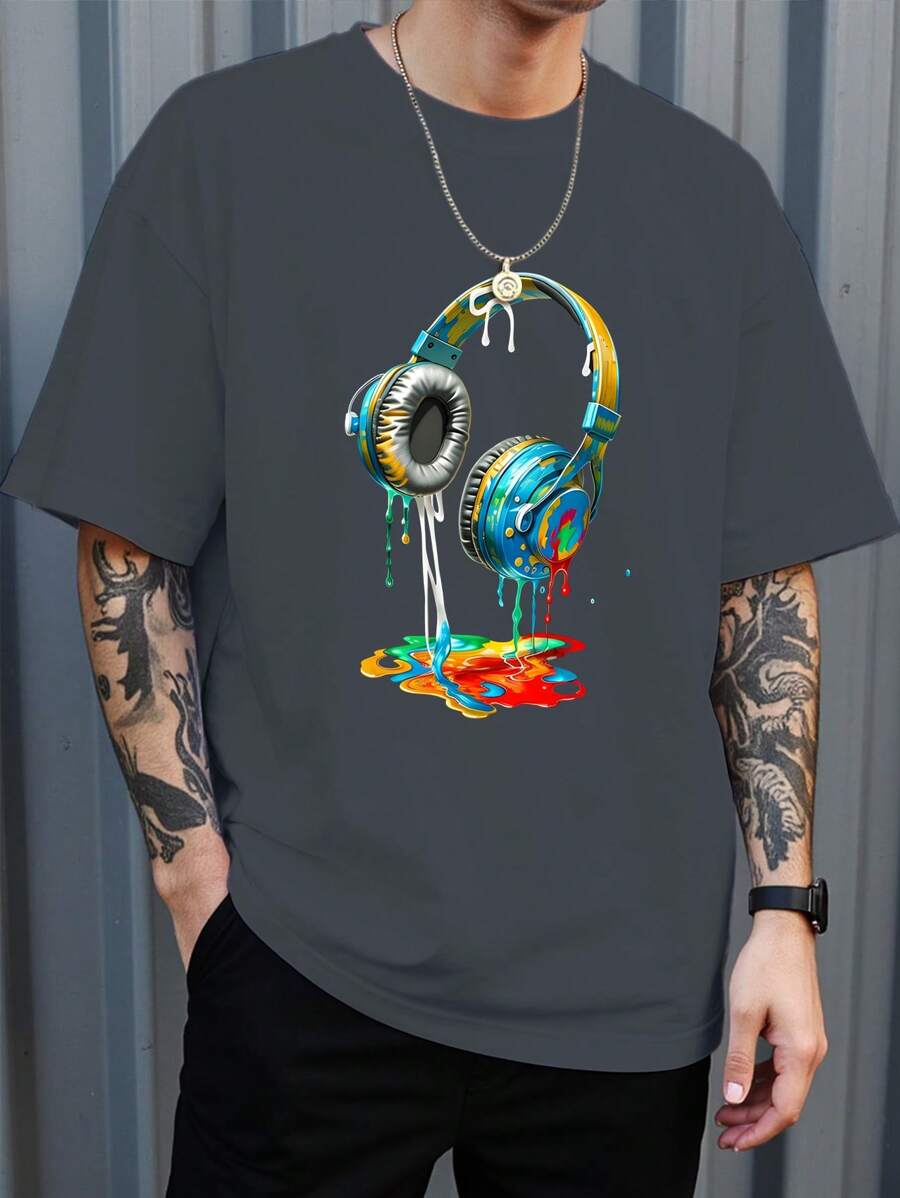 Manfinity Dauomo T-shirt décontracté à col rond et manches courtes pour l'été pour homme avec impression écouteurs - Gris foncé - Voir 1