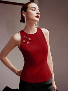 MOTF PREMIUM FAUX PEARL BUTTON JACQUARD TANK TOP - Red - View 3