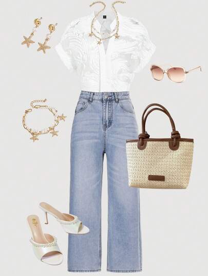 Ellevyn 女士白色刺绣半透视V领宽松短袖衬衫夏季女装度假装女士夏装女士度假装女士女士服装夏季