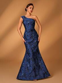 Serin Elegante e luxuoso vestido de cetim jacquard azul marinho com um ombro, pregas e barra de cauda de sereia com flores 3D, adequado para casamentos, eventos, festas, férias, vestidos de festa formal para mãe da noiva - Azul Marinho - Visão 1