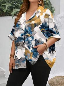 EMERY ROSE 加大码女式宽松扎染花卉印花短袖开衫衬衫，适合夏季、演唱会女式上衣 - 白色 - 查看 5