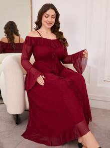 Modelyn Women Plus Size Off Shoulder Long Sleeve Flare Ruffled Mesh Elegant A-Line Dress - Red - View 6