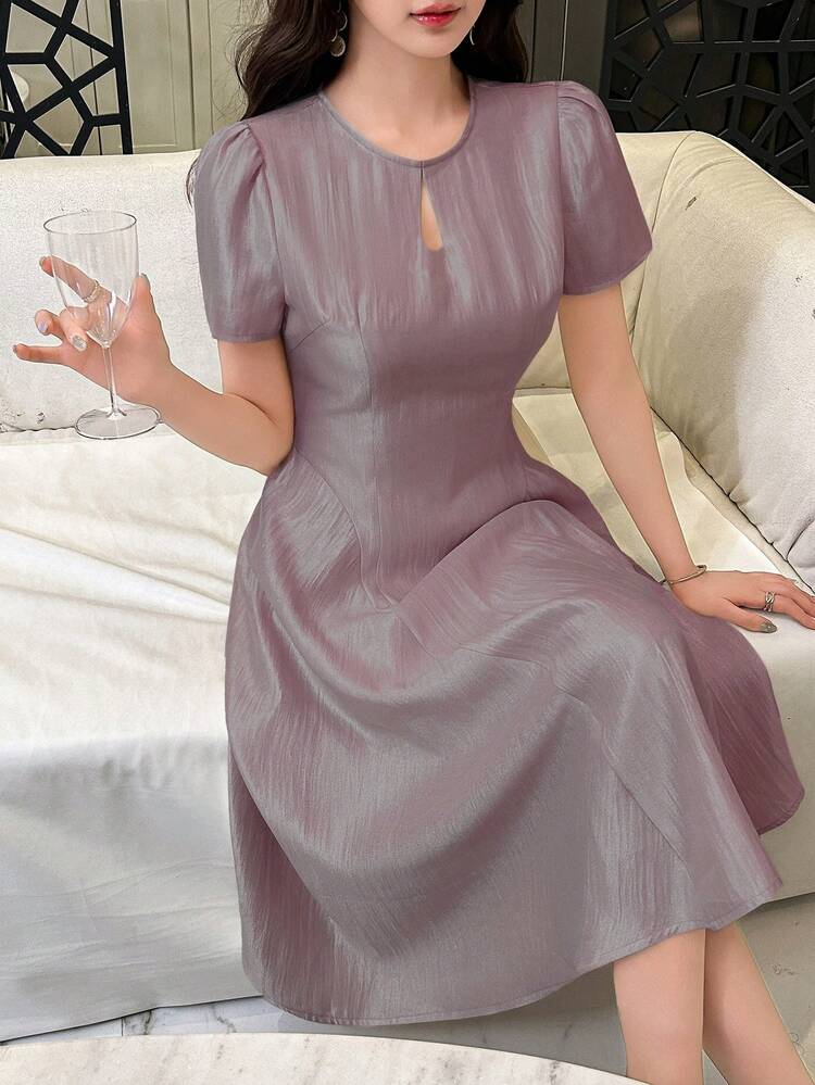 Solid Color Round Neck Puff Sleeve Mid-Calf Dress For Women, Suitable For Holidays, Dates, Evenings Sundress