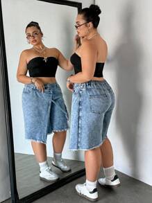 Dripcurv Plus Size Casual Light Blue Washed Asymmetrical Cargo Denim Shorts,Summer Spring Beach Brunch For Women,Spring Break Concert Rave Festival Country - Blue - View 2