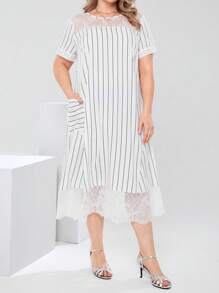 EMERY ROSE 大码女式撞色蕾丝圆领条纹休闲连衣裙，优雅女装，女士夏季服装/夏季，夏季服装，女士度假服装/度假，朴素服装 - 白色 - 查看 5