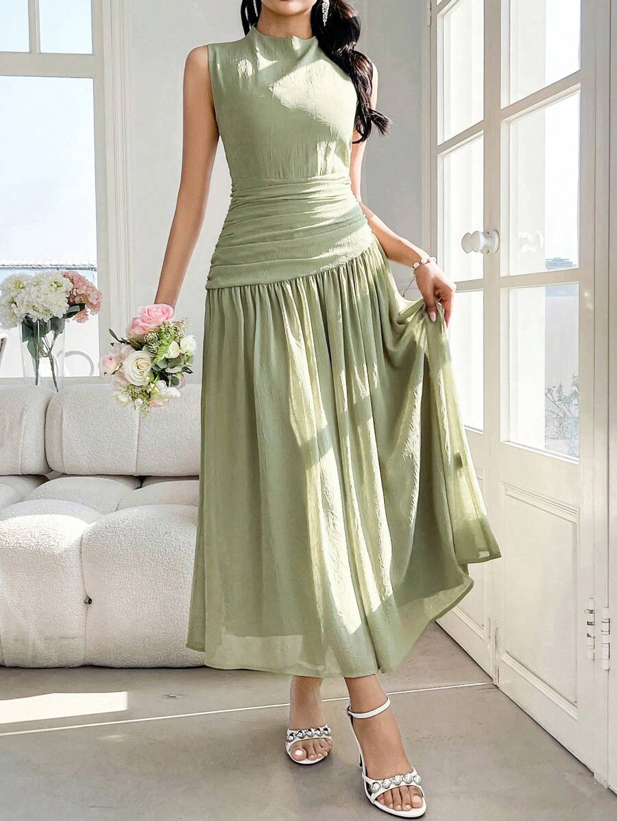 Modelyn 女式无袖高领褶饰中长连衣裙 - 綠色 - 查看 1