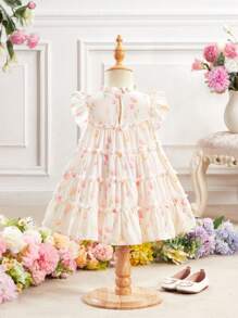 Baby Girl Elegant Floral Print Ruffle Trim Summer Dress - Multicolor - View 2