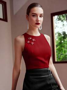 MOTF PREMIUM FAUX PEARL BUTTON JACQUARD TANK TOP - Red - View 7