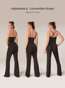 GLOWMODE 30" Modal Flex It Flare-Leg Double Strap Active Jumpsuit Bodysuit With Side Pockets Low Impact Yoga Pilates Daily Casual Removable Cups Spring Summer - Chocolate Brown - View 2