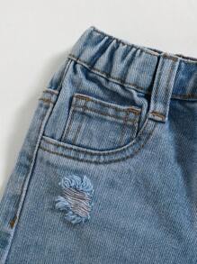 SHEIN Baby Boy Spring Summer Casual Distressed Ripped Frayed Loose Fit Blue Jeans, Without Shirt , Baby Spring Summer Clothes Daily Wear Spring Break - Light Wash - View 4