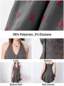 Maija 女士灰色早春 V 领前扣红色蝴蝶结刺绣面料吊带下摆褶皱二合一时尚百搭优雅日常鸡尾酒会连衣裙，适合情人节派对节日 - 灰色 - 查看 2