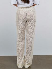 Athîral 女士透明奶油黄色蕾丝直筒裤，海滩/度假/节日风格 - 杏色 - 查看 3