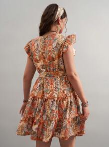 SHEIN VCAY Plus Size Summer Beach Paisley Print Ruffle Trim Belted Nashville Short Dress,Boho,Tie Dye,Vacation,Holiday,Country Western Wear Women,Concert Outfit - Multicolor - View 2