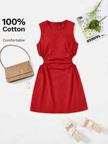 SHEIN EZwear 腰部鏤空側收褶洋裝 - 紅色 - 查看 5