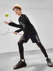 SHEIN 男童舒适宽松弹力运动套头连帽衫