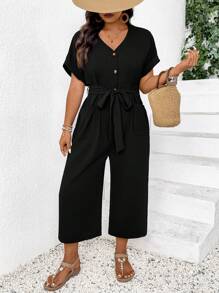 SHEIN CURVE+ Plus Size V-Neck Sleeveless Jumpsuit, Waist Cinched Tie, Pockets, Casual Summer Holiday Wearsummer/Country/Beach Vacation Outfits/Beach Outfits/Beach Wear - Black - View 3