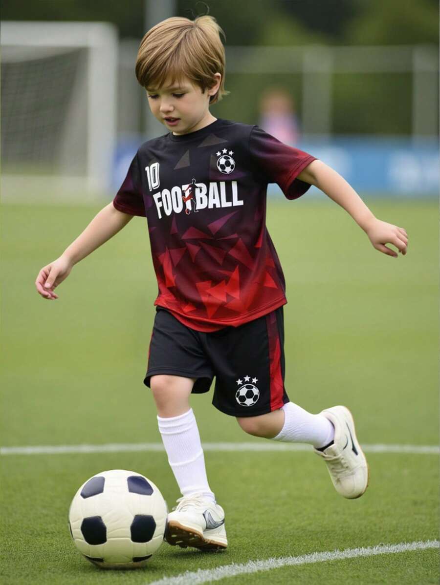 SHEIN Tween Boys' Letter & Geometric Print Short Sleeve T-Shirt And Shorts Set - Multicolor - View 1