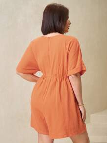 Chikora Plus Size Women V-Neck Solid Color Bat Sleeve Pocket Casual Romper - Orange - View 2