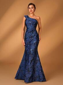 Serin Elegante e luxuoso vestido de cetim jacquard azul marinho com um ombro, pregas e barra de cauda de sereia com flores 3D, adequado para casamentos, eventos, festas, férias, vestidos de festa formal para mãe da noiva - Azul Marinho - Visão 7