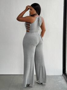 Maweii Plus Size Women Sexy Hollow-Out Spaghetti Strap Wide Leg Jumpsuit - Grey - View 2