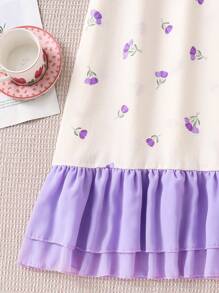 SHEIN Tween Girls Elegant Floral Print Long Nightgown, Apricot Color With Pink Lace, Fashionable Loungewear - Purple - View 5