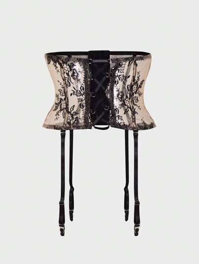 PinupPomp Women's Lace Contrast Mesh Cross Straps Lingerie Accessory Vintage