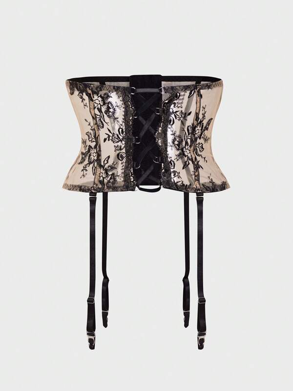 PinupPomp Women's Lace Contrast Mesh Cross Straps Lingerie Accessory Vintage