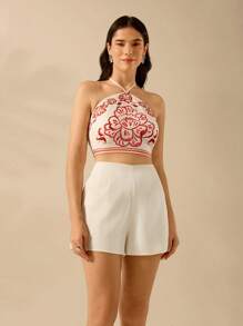 CAJUNI Women's Boho Tropical Floral & Monstera Plant Print Crop Halter Top, Casual Summer Beach Wear