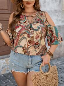 SHEIN VCAY Plus Size Women Floral Print Off Shoulder Short Sleeve Casual Bluzka Boho Women Clothing Boho Outfits Women Boho Bluzka
