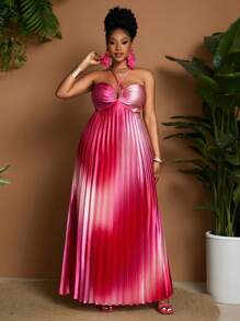 Maweii Plus Size Women Sexy & Charming Spaghetti Strap Hollow-Out Waist Gradient Color Pleated Mini Dress