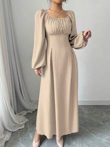 Modelyn 女士优雅长裙，方领，灯笼袖，褶皱，后系带，纯色，适合秋季长款女装