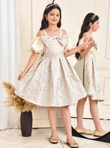 SHEIN Tween-Mädchen 2-teiliges Set, eleganter Anzug mit offener Schulter, Puffärmeln, Schleife, Bluse und Rock