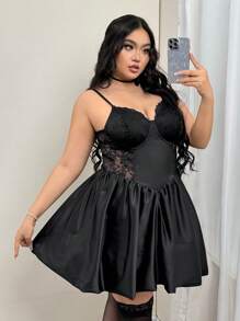 SHEIN ICON 大码蕾丝杯腰带荷叶边中长连衣裙 - 黑色 - 查看 6