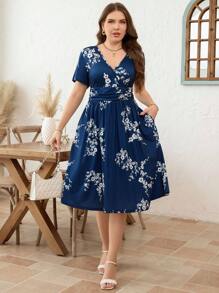 SHEIN Clasi 大码女式花卉印花 V 领短袖休闲连衣裙 - 藍色 - 查看 3