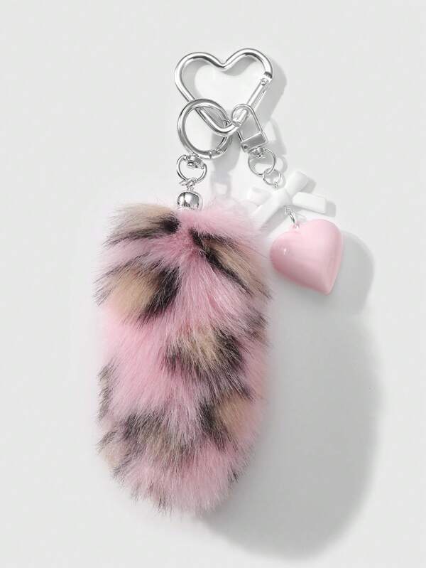 ROMWE Grunge Punk 1pc Exquisite Retro Stylish High-Quality Acrylic Bowknot, Heart-Shaped, Faux Fur Leopard Print Animal Tail Keychain & Keyring, Fashionable Accessory Gift For Women