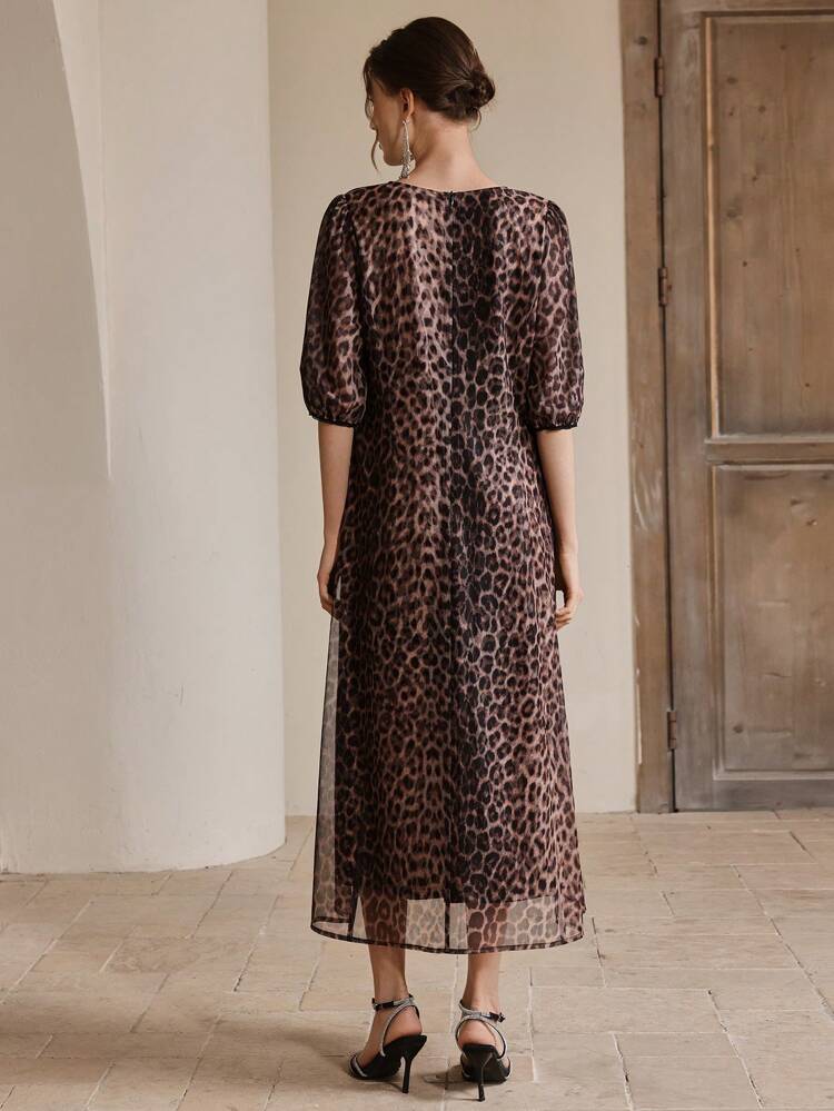 Women's Leopard Print Soft Mesh Rhinestone Decor Dress, Spring/Summer Outfits