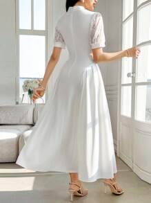 Modelyn Vestido de manga larga de alto nivel con cuello alto, plisado y encaje de contraste para mujer, color blanco