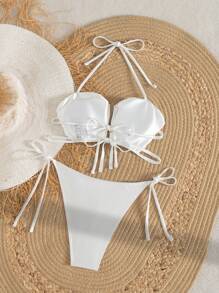Swim SXY Conjunto de bikini de 2 piezas para usar en la playa en primavera y verano, con parte superior tipo cropped con tirantes blancos y decoración de cuentas hecha a mano, y Bottom con amarres laterales, estilo boho festivo