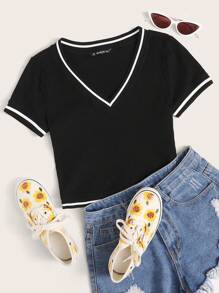 SHEIN EZwear Contrast Striped Tape Rib-knit Crop Tee