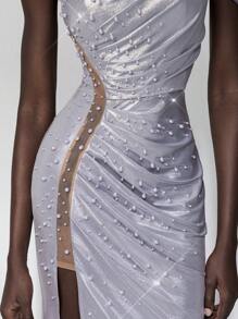 Elitara Glamorous Elegant Luxury Beaded & Rhinestone Design Stretch Coated Knit Ruched Slit Fishtail Wedding Guest Dress, Suitable For Wedding, Party, Vacation, Gala, Evening Dress, Formal Dress - Grey - View 7