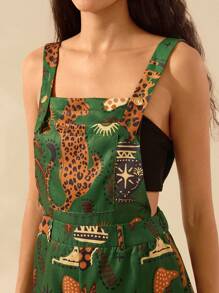 CAJUNI Women's Boho Tropical Leopard, Palm Tree, Snake Plant Print Jumpsuit With Large Pocket, Casual Summer Beach Outfit, Green