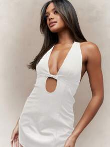 MISSGUIDED 露背迷你连衣裙，前开襟扭纹设计，派对俱乐部装，节日夏季晚装，女士紧身连衣裙 - 白色 - 查看 3